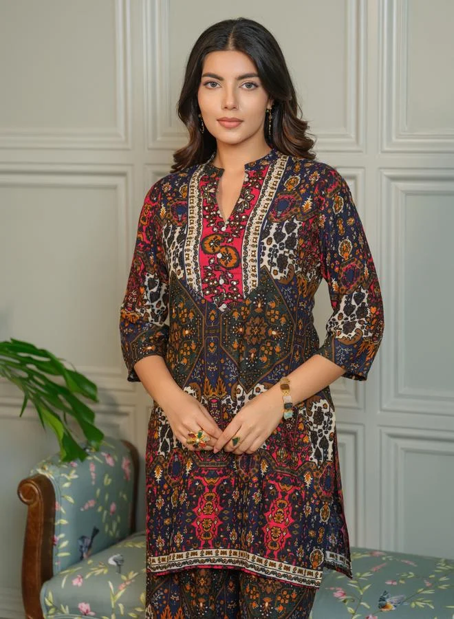 دي دبليو طقم منسق من بلوزة وبنطال بالازو بطبعة أجراك للنساء